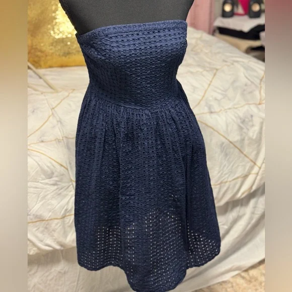 Old Navy Strapless Navy Eyelet Mini Dress | Smocked Summer Tube Dress | Size 8 - Picture 3 of 9
